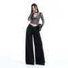 Pantalones casuales negros de pierna ancha de cintura alta con doble botón para mujer con diseño de cintura plisada plegable, jeans holgados y favorecedores
