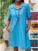 2026 Aliexpress Amazon Wish Cruzado Europeo y Americano Algodón y Lino Color Sólido Hombro Caído Manga Corta Bolsillo Vestido Casual