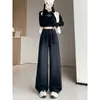 Jeans Elásticos Negros de Cintura Alta Pierna Recta Estilo Coreano para Mujer, Primavera y Otoño, Tallas Grandes, Cintura Alta, Corte Holgado, Adelgazantes, Pantalones Casuales de Pierna Ancha
