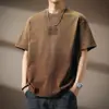 Camiseta de algodón lavado Asut de 290 g para hombre, de peso pesado para verano, estilo retro americano, bordada con degradado, manga corta