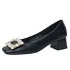Zapatos de Mujer de Tacón Medio con Punta Cuadrada 2026 Nuevo Estilo Tacón Grueso Hebilla Cuadrada Pedrería Zapatos de Mujer Boca Baja Piel de Oveja Zapatos de Suela Blanda Zapatos de Mujer de Moda
