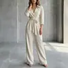 Macacão casual de moda novo, estilo europeu e americano, cor sólida, gola V, manga longa, perna larga, solto, feminino, 2026, transfronteiriço
