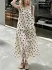 Vestido Retro Romántico Holgado Perezoso Talla Grande Cuello en V Lunares Sin Mangas