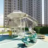 Resbaladilla de acero inoxidable con forma de OVNI, equipo de juego exterior hecho a medida para jardines de infancia y áreas residenciales, instalación de entretenimiento con escultura y señalización