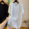 Camiseta de Malla con Encaje Patchwork de Verano de Longitud Media para Mujer Tallas Grandes, Manga Corta, Corte Holgado, Top para Abrigo