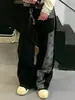 Jeans Patchwork Preto e Cinza com Estampa de Estrelas por Toda Parte para Homens, Estilo Retro Americano, Calça Longa Reta Solta Street Style