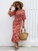 Vestido Longo Estampado Feminino de Peça Única com Laço, Vestido de Praia Boho de Férias com Meia Manga Aderente ao Corpo Cauda de Peixe