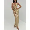 Moda Feminina Comércio Exterior Sexy Decote V Costas Nuas Dourado Vestido Longo Adequado para Sair em Encontros/Festas
