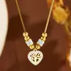 Colar para Mulheres, Estilo Europeu e Americano, Corrente de Clavícula com Contas Redondas, Pingente de Coração com Zircônia, Colar de Aço Titânio, Corrente de Clavícula Árvore da Vida