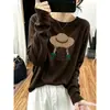 Camiseta Feminina de Manga Longa com Ombro Reto em Fleece Alemão Espesso Moda Versátil Cor Café Tendência Top de Alta Qualidade Camada Base