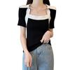 Nuevo Top de Punto de Manga Corta con Diseño de Cuello Cuadrado Primavera/Verano 2026 Moda Femenina Estilo Coreano Top Ajustado con Bloques de Color