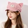 Sombrero Octagonal Adorable de Gato con Orejas de Cuadros Dulces para Mujer, Sombrero de Pico de Pato, Nuevo Estilo Otoño Invierno, Adelgazante para la Cara, Boina de Pintor, Tendencia