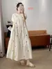Ropa Nueva para Mujer, Estilo Dulce y Fresco, Cuello Redondo, Bordado Pesado, Vestido Largo de Algodón y Lino de Manga Corta, Vestido Holgado