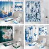 Nuevo juego de alfombrilla de baño y cortina de ducha de franela estampada con mariposas y flores, un accesorio de baño de cuatro piezas para uso doméstico, diseñado para la decoración del baño y la prevención de moho.