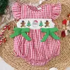 Ranita de bebé estilo Navidad europeo y americano con fruncidos, bordado de Papá Noel y mangas acampanadas