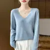 Suéter de punto sin costuras 100% lana con cuello en V y puntos de colores, corte holgado, adelgazante, color liso, suéter base de punto para mujer