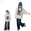 Conjunto de Sudadera Pulóver Casual de Dibujos Animados Nuevo para Otoño 2026 para Niñas, Top Holgado, Pantalones de Pierna Ancha de Mezclilla, Pantalones Largos