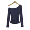 Fs526-24 Camiseta Básica Sexy de Gola Caída com Forro de Lã e Manga Longa Outono Novo Estilo Europeu e Americano Blogger Ins Desejo Puro
