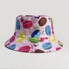 Novo Chapéu de Pescador Estampado com Sobremesa Macaron Bolo Redondo Francês Chapéu de Sol de Proteção Solar Dupla Face para Uso Externo Chapéu Balde