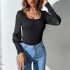 Amazon Transfronterizo Nuevo Otoño 2024 Mono Ajustado de Encaje con Empalme Calado de Cuello Cuadrado Delgado para Mujer