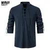 Nova camisa Henley masculina da Amazon, de algodão e linho, manga longa, estilo hippie casual, para praia, com gola alta, tamanho europeu