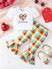 Linda camiseta de manga corta con estampado de corazón a cuadros y mangas abullonadas, cuello redondo para bebé niña y conjunto de pantalón corto con estampado a cuadros y cintura elástica