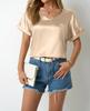 Foto Real de Camiseta de Satén para Mujer Transfronteriza Europea y Americana Primavera y Verano Holgada con Bolsillo Dobladillo Enrollado Top de Manga Corta