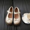 Sapatos de couro brancos retrô com bico redondo e sola grossa, novos sapatos femininos de primavera e outono de 2025, sapatos franceses Mary Jane de camada única