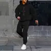 Conjunto de 2 piezas para hombre de sudaderas de manga larga y pantalones de chándal con estampado de letras retro negro para correr en invierno