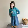 Roupa de outono para meninas: polo listrado retrô, conjunto casual de três peças para meninas, conjunto de outono de modelagem solta, moda infantil para o outono