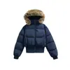 ADAM BO Jaqueta de Penas Feminina com Gola e Capuz de Pelo, 90% Penas de Pato Branco, Cintura Curta Ajustável, Casaco Puffer Quente Estilo Americano