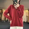 Nuevo Estilo Otoño e Invierno 2026 Diseño de Ganchillo 100% Lana Pura Camiseta Base Tejida para Mujer Cuello en V Manga Larga Corte Holgado