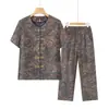 Conjunto de cardigã de algodão e seda de verão para mães plus size de meia-idade e idosas, conjunto de duas peças com camisa estampada de manga curta e calça para mulheres idosas
