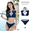 Bikini de Tres Puntos Azul con Moño Sexy, Estilo Nuevo para Chicas Atrevidas para Mostrar su Piel Clara, Adecuado para Vacaciones en la Playa y Aguas Termales