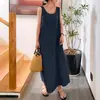 Vestido elegante sin mangas con cuello redondo y bolsillos sueltos de algodón y lino de estilo sencillo con tirantes largos de estilo europeo y americano para mujer