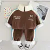 Invierno Nuevo Estilo Niños y Niñas Terciopelo Cuello Alto Cremallera Camisa Combinación de Colores Manga Larga Traje Bebé Cálido Ropa Infantil Conjunto de Dos Piezas