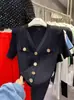 Cardigã de Malha com Decote V Estilo Chanel Feminino Estilo Ocidental Fivela de Metal Cintura Alta Camisa Base Novo Elegante Slim-fit Casaco Top