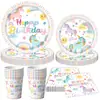 Kit Festa Unicórnio Arco-Íris Aniversário Infantil Pratos de Papel Descartáveis Copos de Papel Toalha Balões Toppers de Bolo Decorações