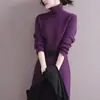 Vestido suéter de malha elegante estilo minimalista coreano para senhora, de gola alta, comprimento até o joelho, com cinto, para outono e inverno