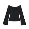 Estilo Puro Deseo Chica Atractiva Hueco Encaje Cordones Hombros Descubiertos Tubo Manga Larga Camiseta Primavera Nuevo Ajustado Sexy Camiseta Básica