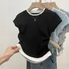 Camiseta de Manga Corta con Hombros Descubiertos Estilo Retro Americano Falso Dos Piezas para Mujer Verano Estilo Coreano Ajustada Adelgazante Corta Irregular Ropa