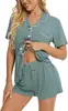 Toma Real de Nuevo Conjunto de Pijama Cardigan de Estilo Europeo y Americano Transfronterizo, Conjunto Casual de Ropa de Casa para Mujer con Solapa, Conjunto de Dos Piezas con Pantalones Cortos y Manga Corta