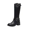 Versión de cuero~Botas estilo Martin con hebilla y tacón grueso, hasta la rodilla, forradas de felpa, estilo británico, tallas grandes para mujer 41-43, ajuste ancho para tallas más grandes