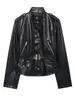 Otoño e Invierno Nuevo Chaqueta de Moda Negra de Poliuretano con Cuello Alto y Cinturón para Mujer + Pantalones de Campana de Imitación de Cuero de Cintura Alta Transfronterizos Europeos y Americanos