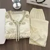 Pijama de mujer estilo princesa dulce para primavera y otoño, algodón con estampado de nubes y ribete de encaje, de manga larga, con copas en el pecho, conjunto de ropa para casa, se puede usar fuera