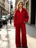 Suéter tejido ruso de punto cruzado europeo y americano para mujer, suéter con capucha y cremallera de otoño e invierno + pantalones holgados de pierna ancha, conjunto casual de dos piezas