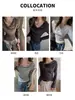 Camiseta de Manga Larga Estilo Americano con Cuello Oscilante para Mujer, Adecuada para Otoño e Invierno, Se Puede Usar como Capa Interior o Exterior, con Cuello Alto Apilado, Cintura Fruncida, Camiseta Base Adelgazante Hombros Descubiertos