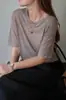 Clásico y PrácticoCHAO fino de 100% lana soluble en agua, cuello redondo, manga media, tejido de punto para mujer, color liso, versátil para otoño
