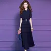 Vestido Chemise Azul Marinho Feimengyi para Mulheres, Vestido de Verão de Manga Curta com Gola Reversível e Design de Bainha Franzida, Saia Elegante de Cintura Alta