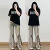 Jeans Americano High Street Rasgado com Fenda e Barra Desfiada para Mulheres, Design Hot Girl, Calça Slimming de Barra Larga Desgastada Comprimento Total